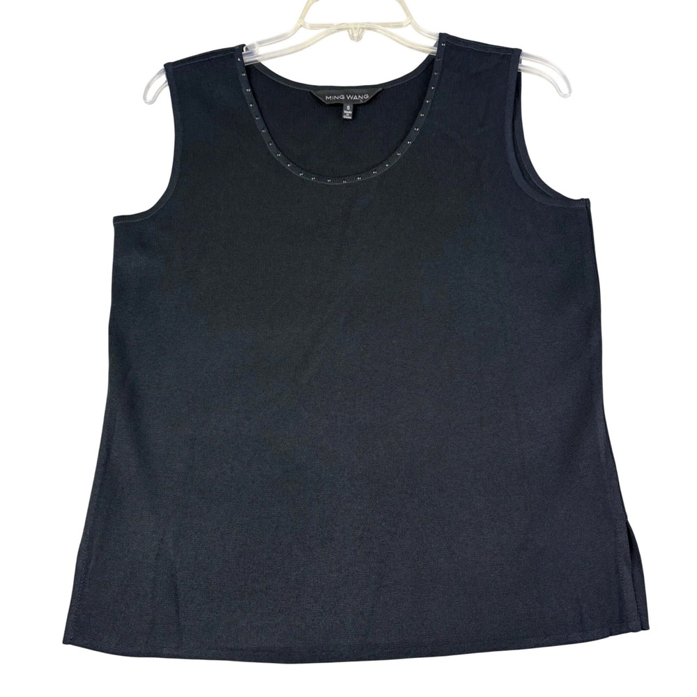 Ming Wang S Black Signature Knit Tank Top Studded Scoop Neck Shell Layer Retro
